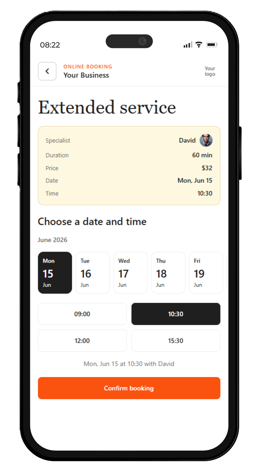 Online booking product interface preview