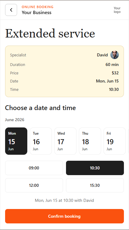 Online booking product interface preview