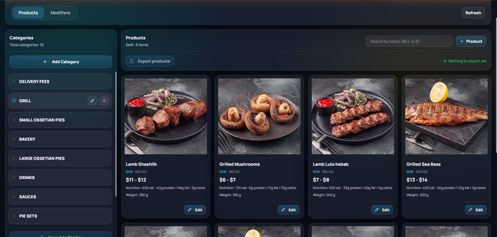 Restaurant menu item management screen