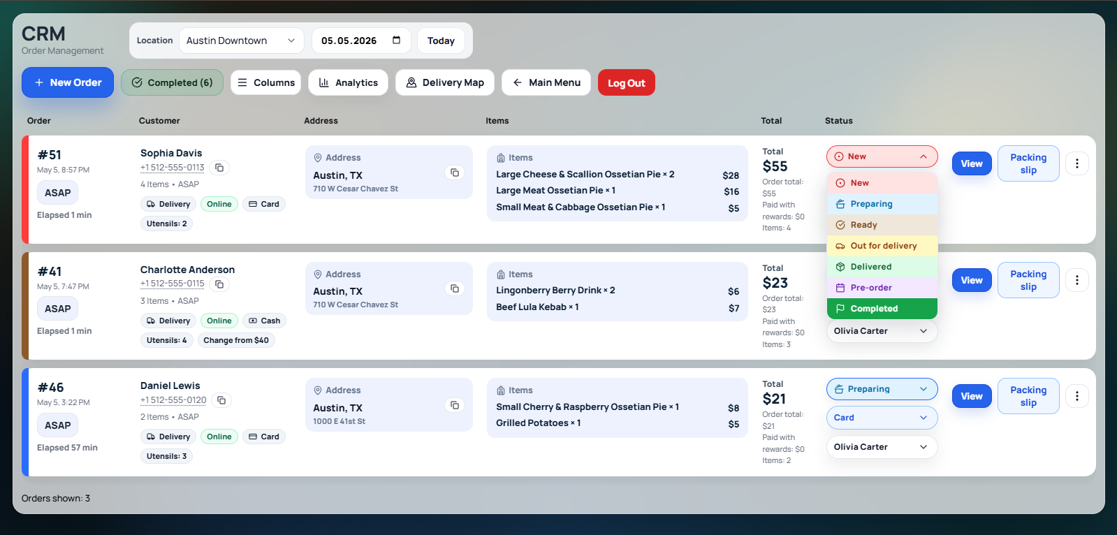 Order status selector inside the restaurant operations system