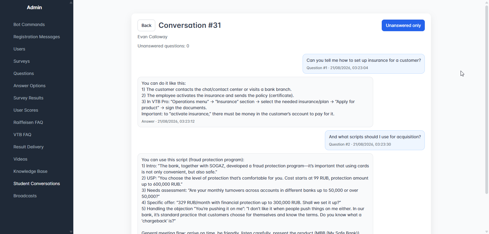Admin workspace with full specialist conversation