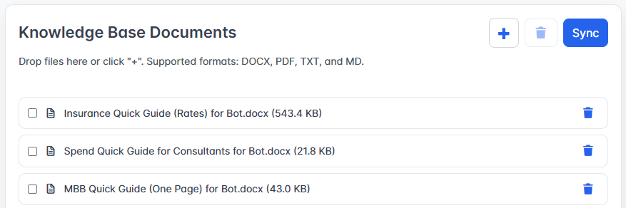 Knowledge base documents management screen