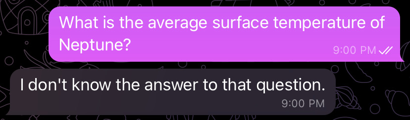 Telegram answer saying the assistant does not know the answer