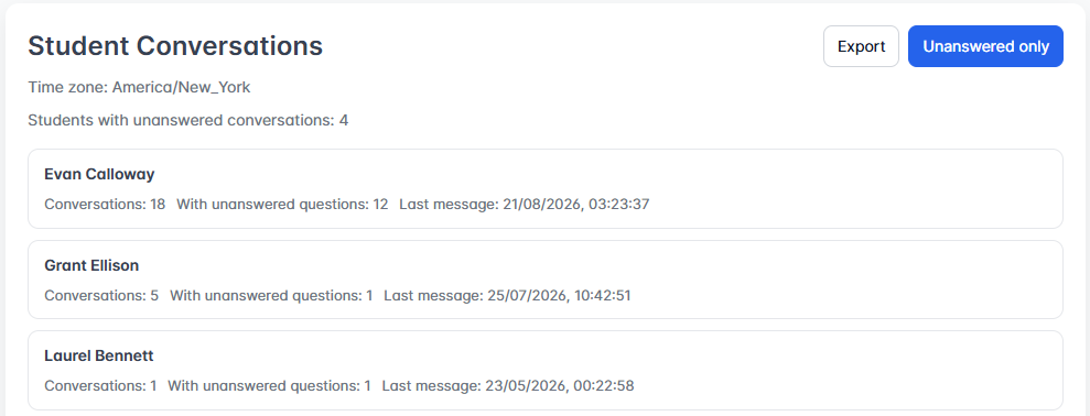 Student conversations list with unanswered questions filter