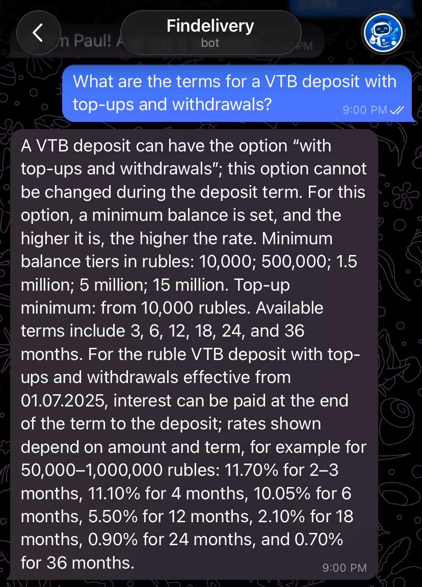 Telegram bot answer based on company materials