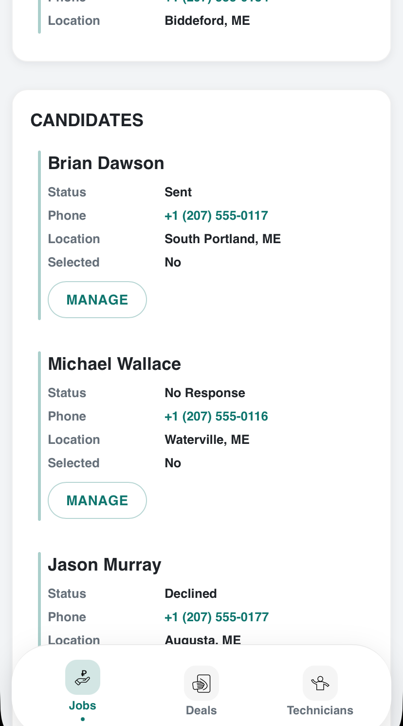 Candidate list with Sent, No Response and Declined statuses