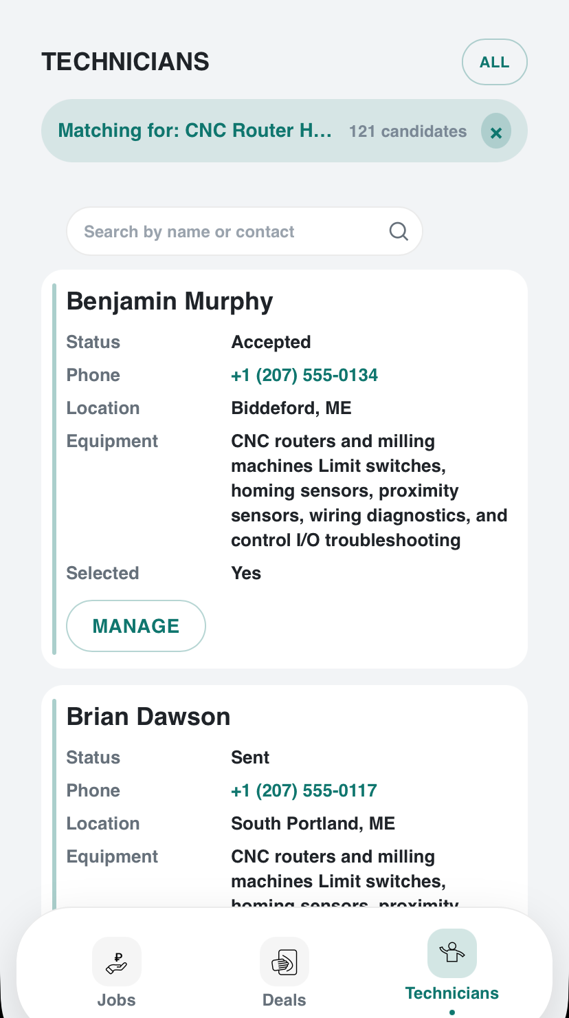 Technician database filtered by a matching request