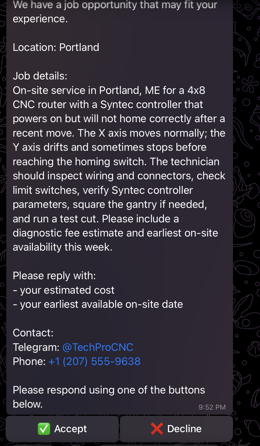 Telegram message to a technician with Accept and Decline buttons