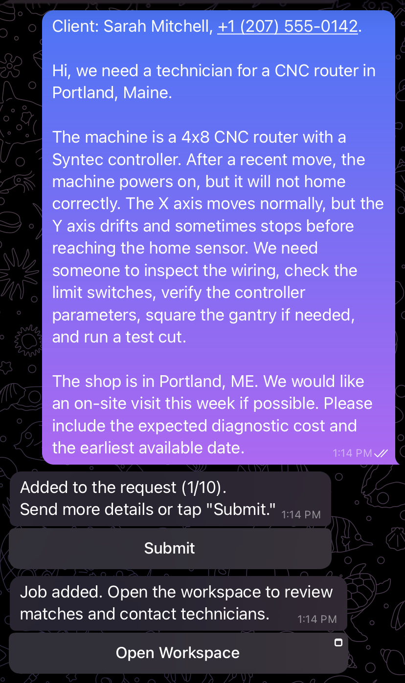 Telegram bot intake message with submit and workspace link