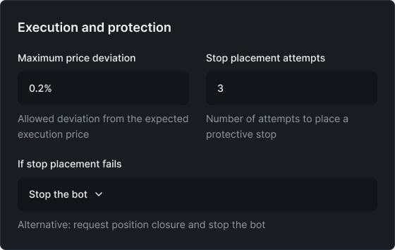 Execution and protection: maximum price deviation, stop placement attempts, and action if stop placement fails.