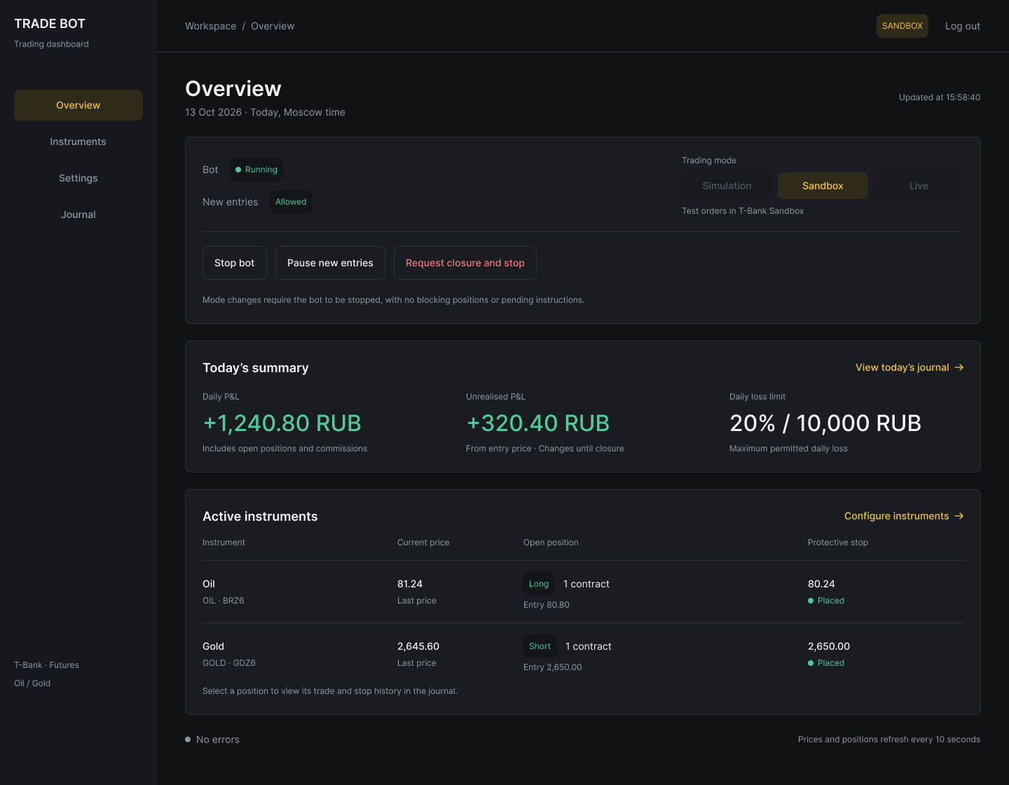 English trading dashboard with navigation, bot controls, daily results, and oil and gold positions.