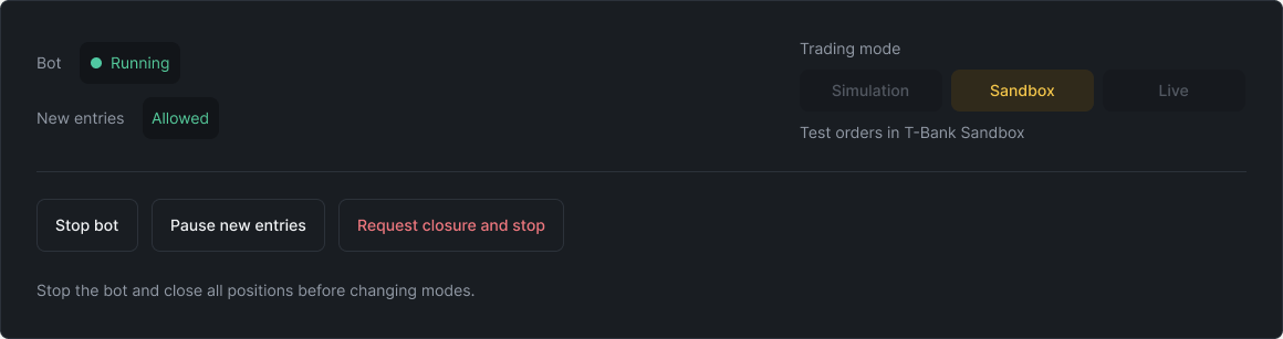 Trading admin overview: bot running, new entries allowed, Sandbox trading mode, and controls to stop the bot, pause new entries, or request closure and stop.